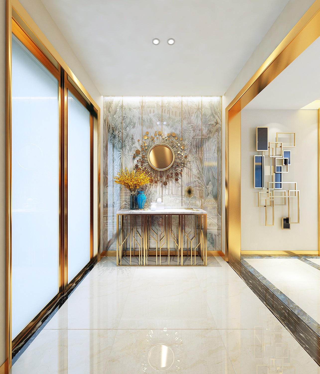 這個(gè)是在入戶門的玄關(guān)展示 對面陽臺(tái)的落地玻璃窗,整體線條是金屬_裝修美圖-新浪家居